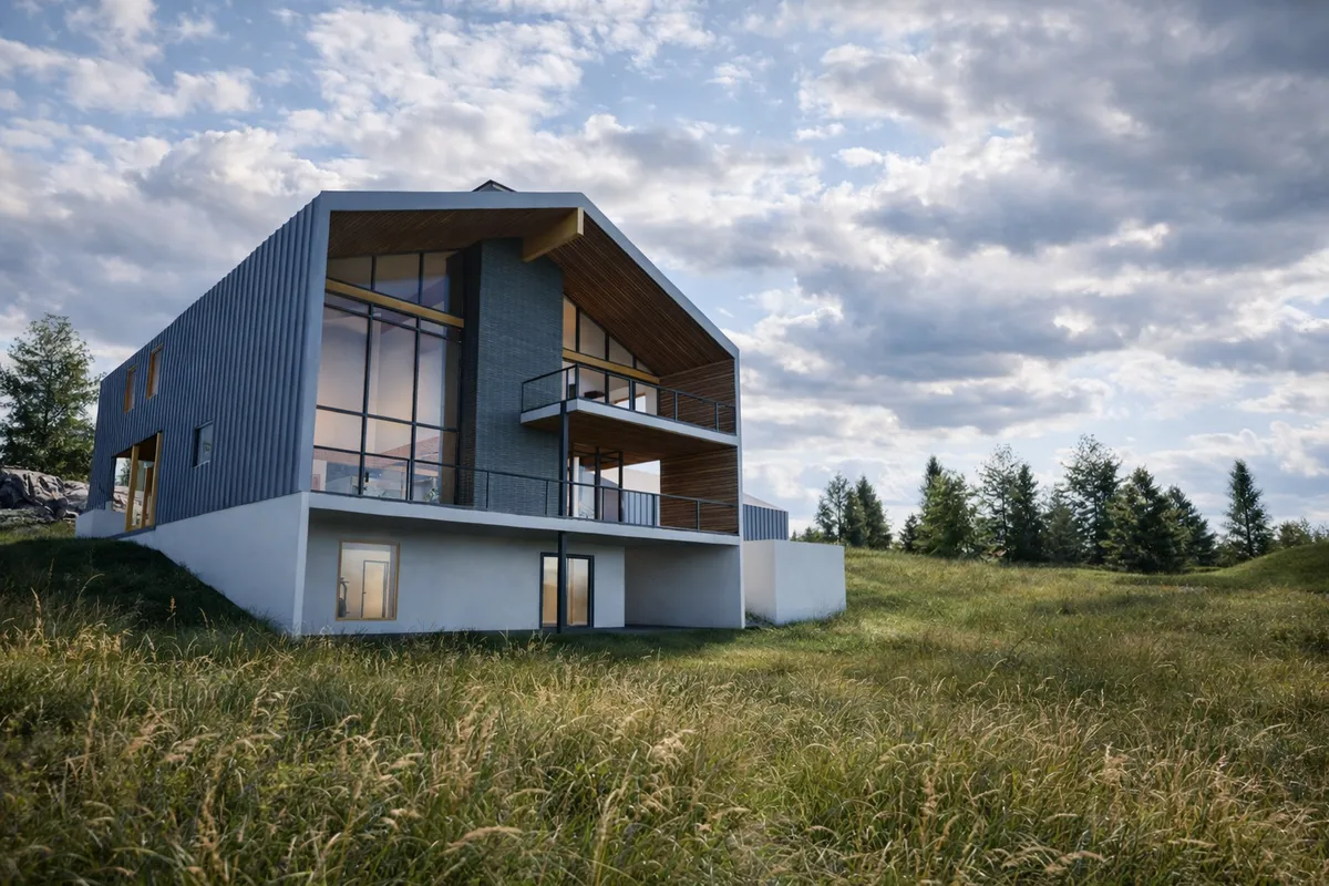 Rendering of the Hill House stepping out from a grassy hillside with a covered balcony